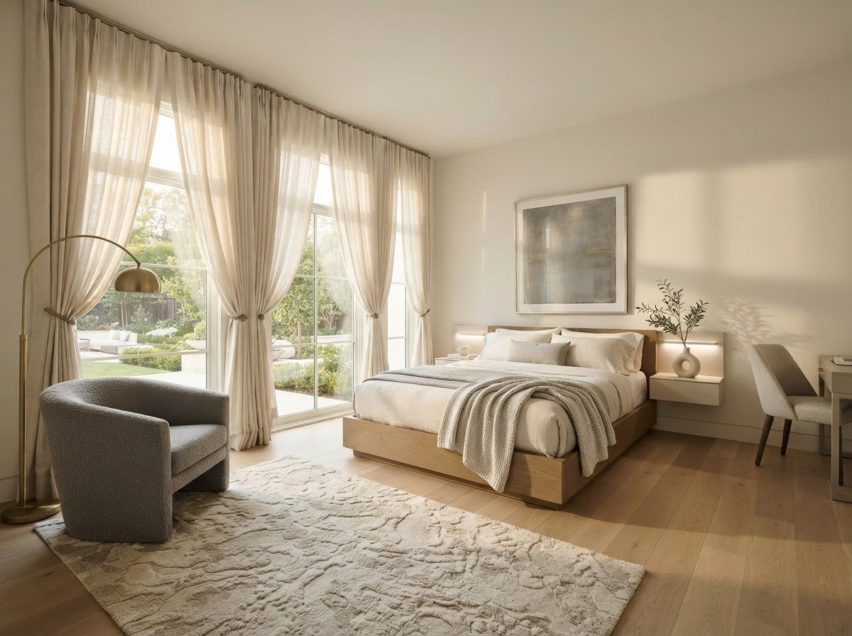 Bedroom with floor-to-ceiling sheer custom drapery