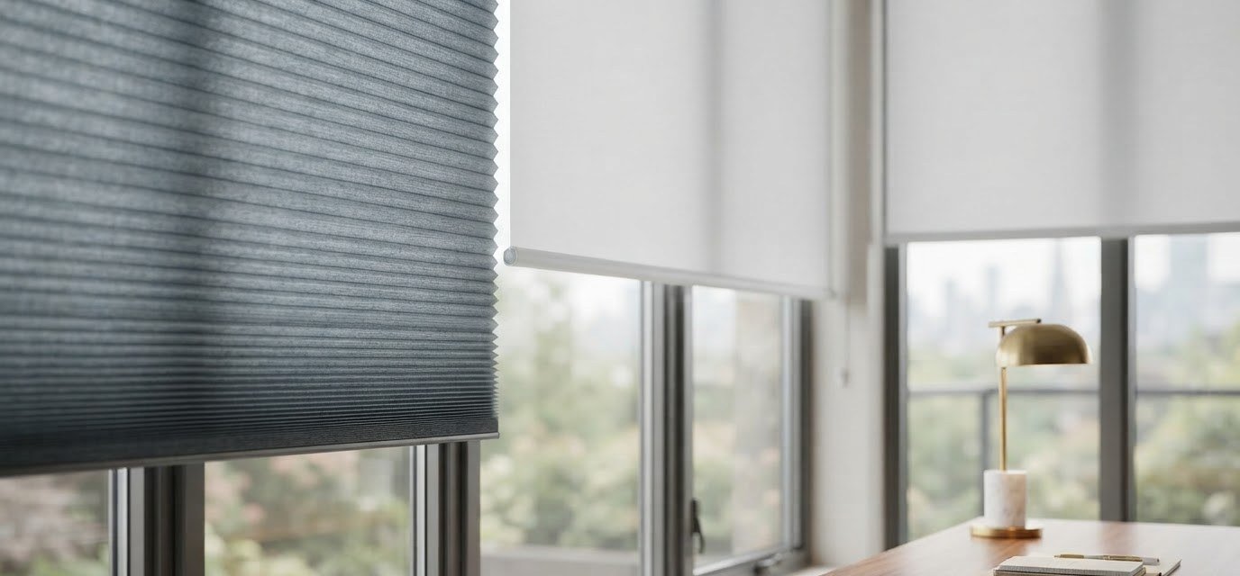 Custom shades in a bright home office