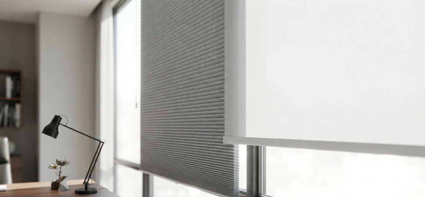 Light-filtering shades softening daylight in an office