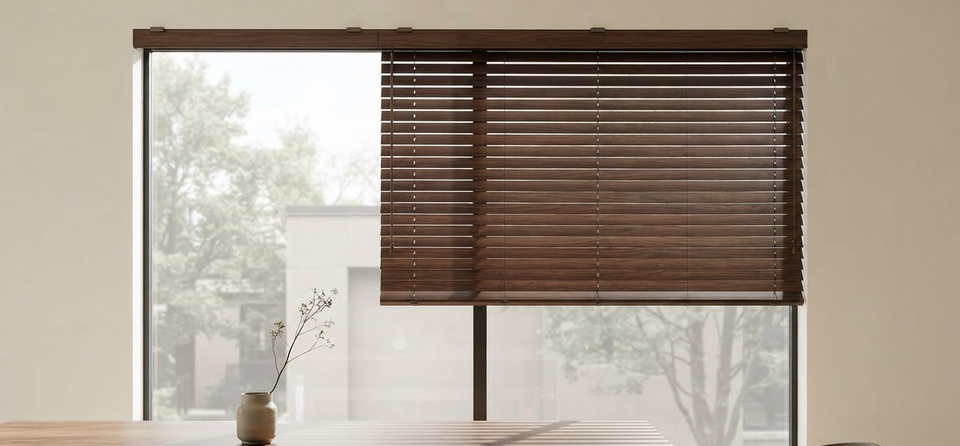 Wood blinds above a dining table