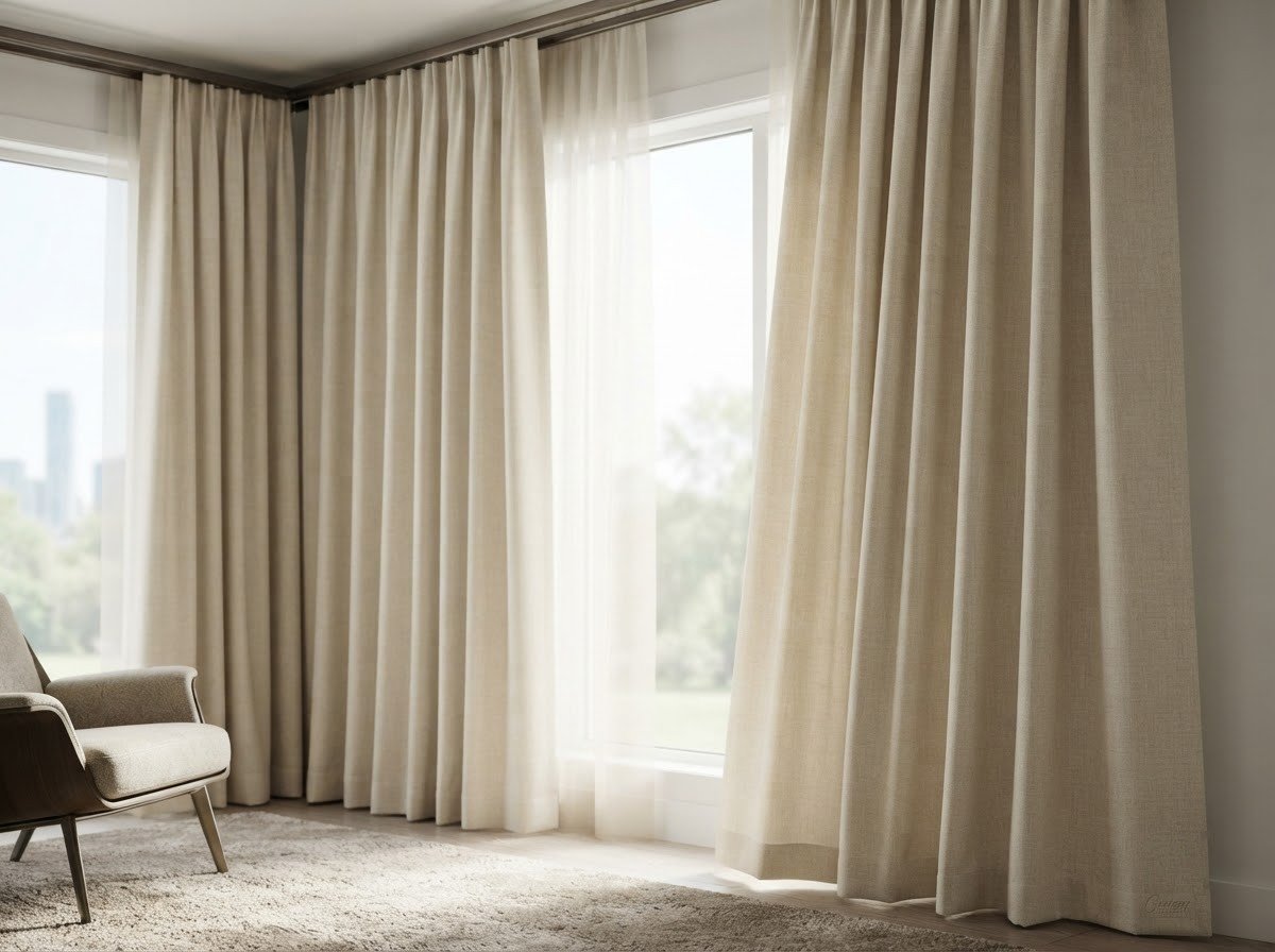 Custom floor-to-ceiling linen drapery