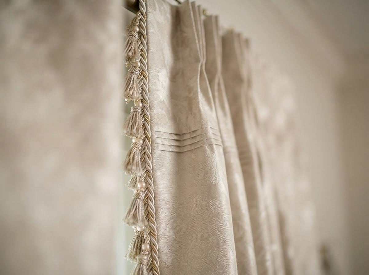 Close-up of tailored drapery pleats and tassel trim
