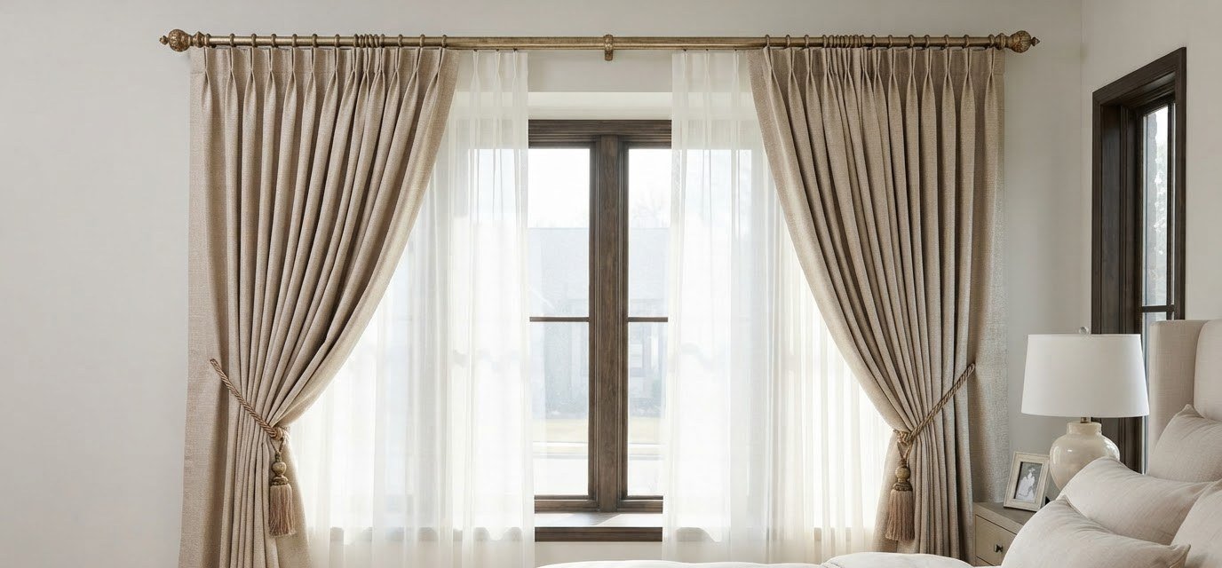 Pleated custom drapery with tiebacks and sheers in a bedroom