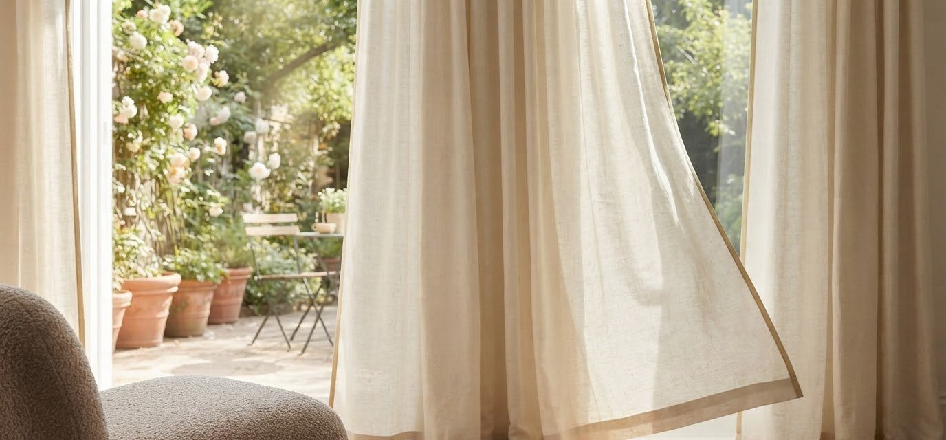Sheer custom curtains framing a garden view