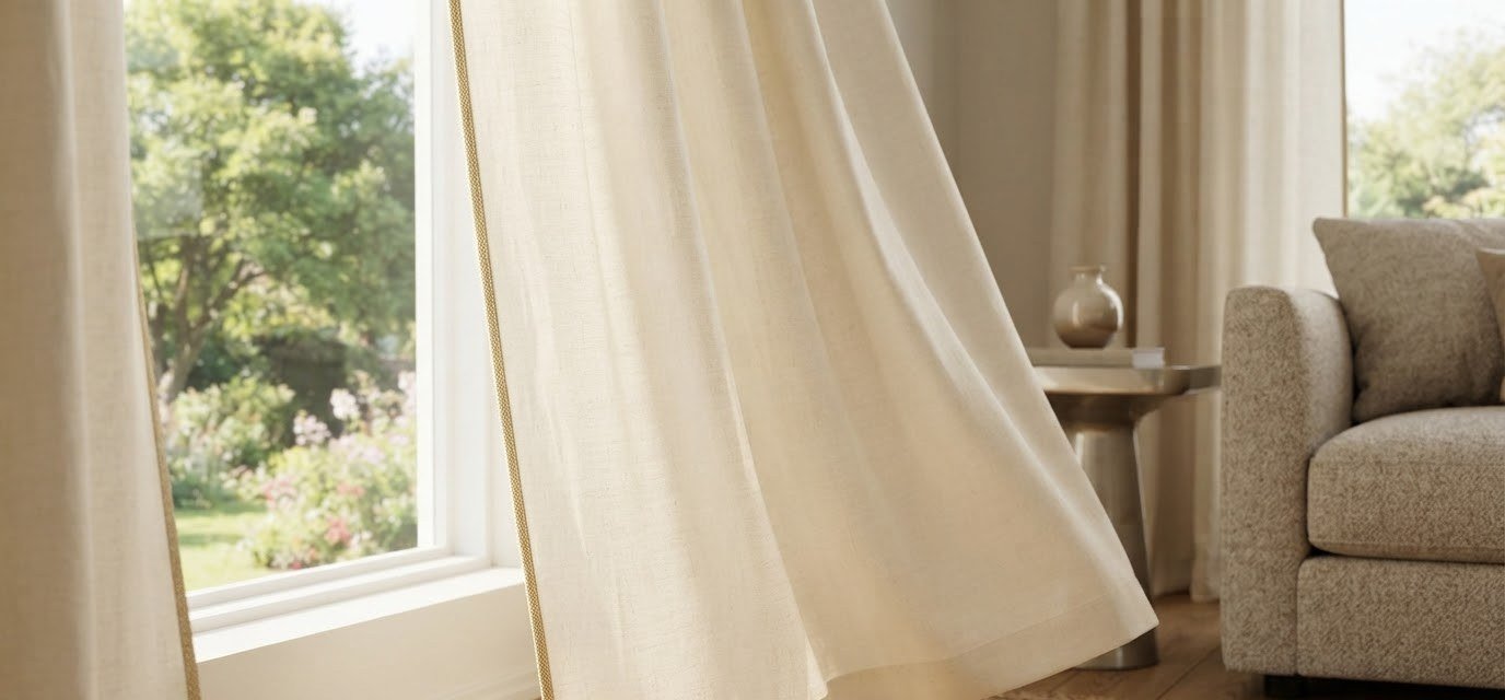 Sheer linen curtains moving in the breeze