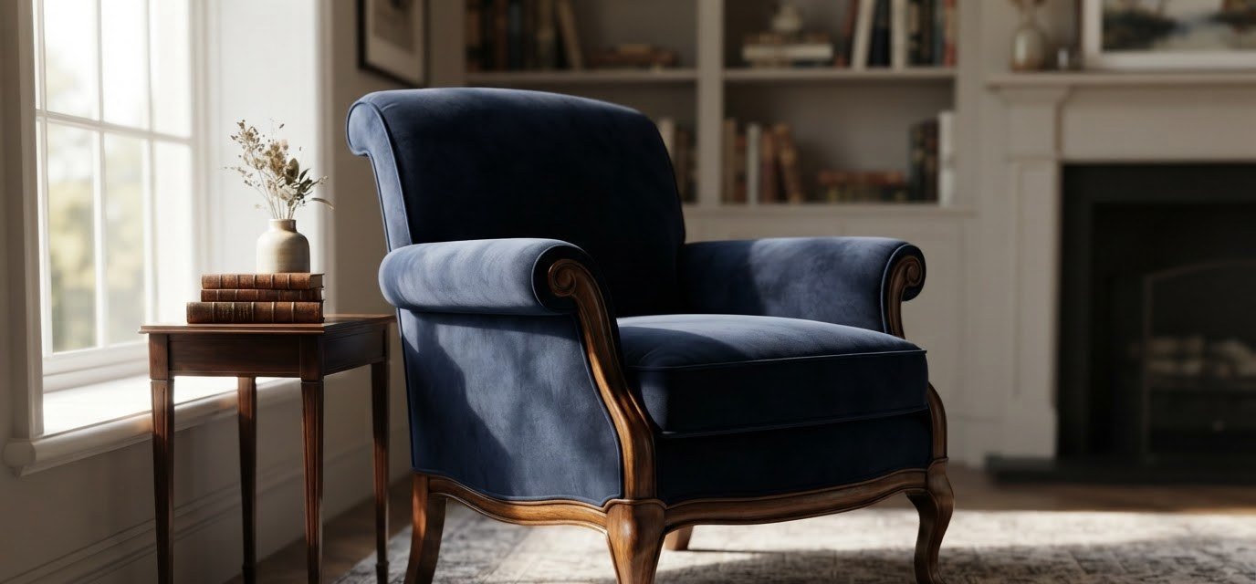 Armchair reupholstered in navy velvet in a living room