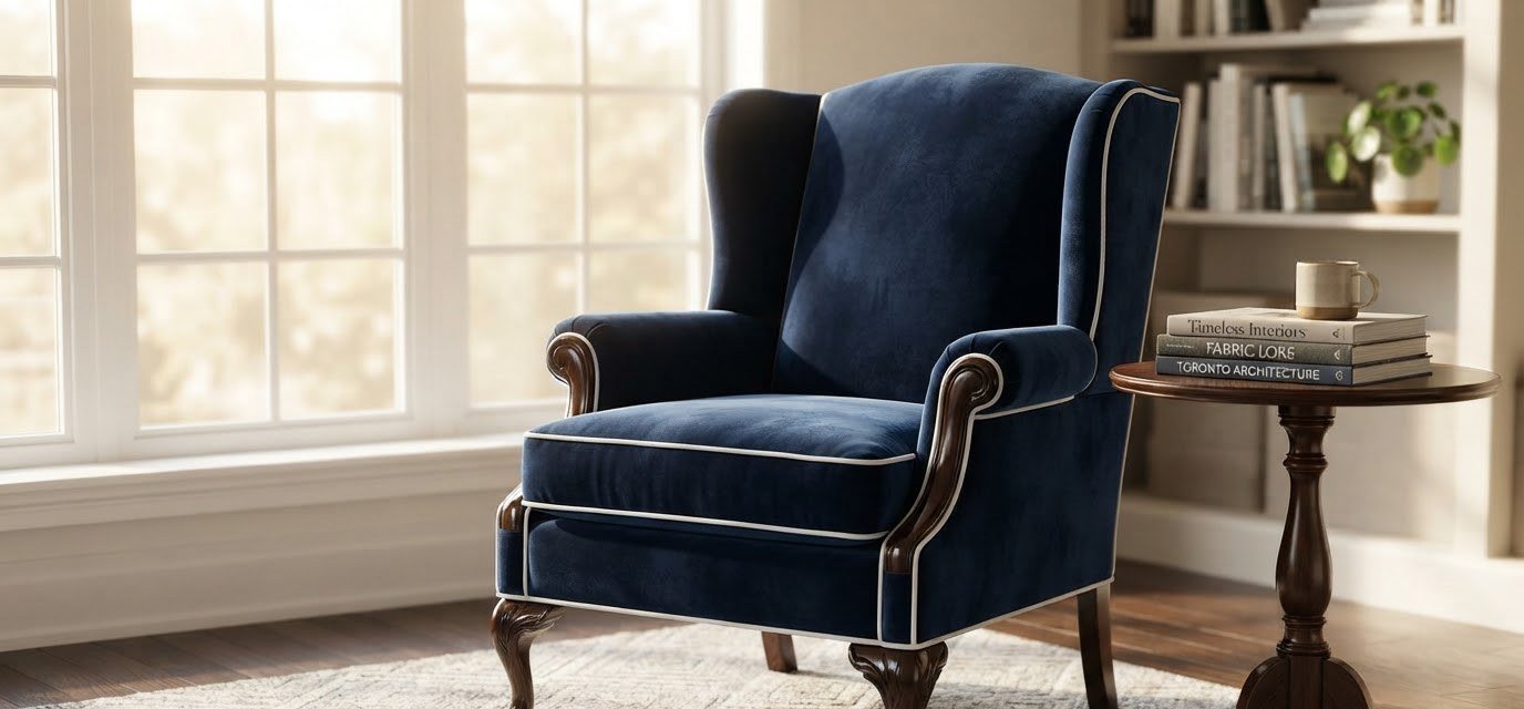 Wingback chair reupholstered in navy velvet with contrast piping