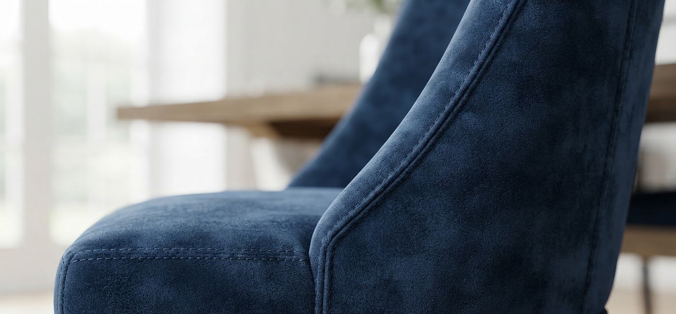 Close-up of a chair reupholstered in navy velvet