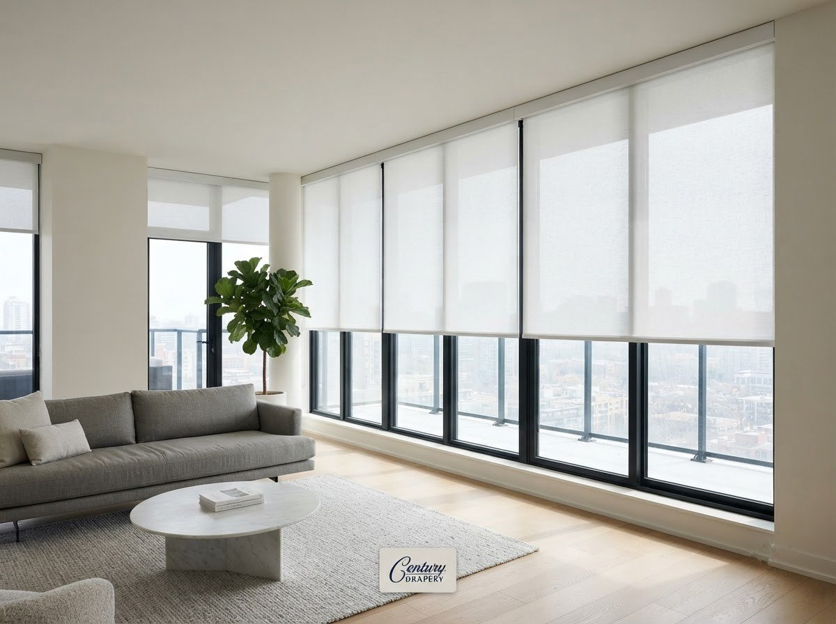Modern light-filtering roller shades in a condo living room