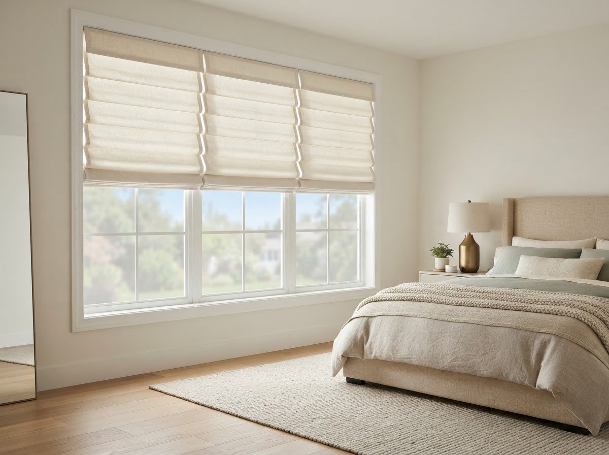 Fabric Roman shades in a bedroom