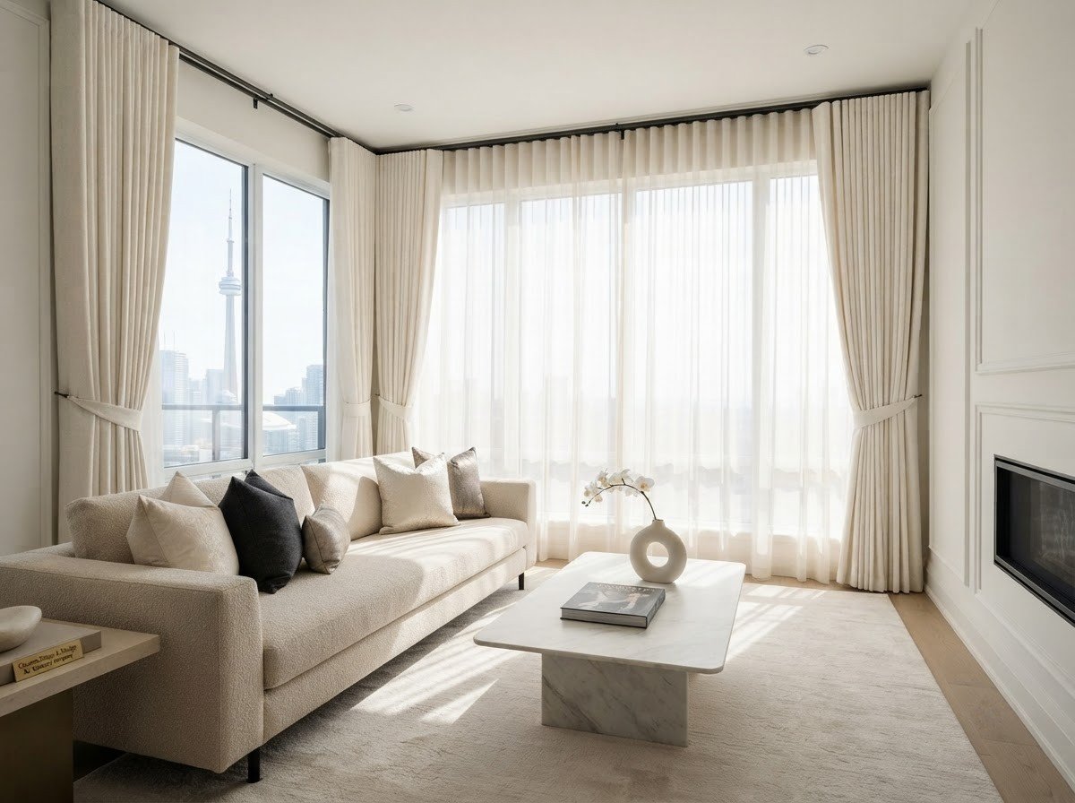 Living room with custom sheer drapery overlooking the Toronto skyline