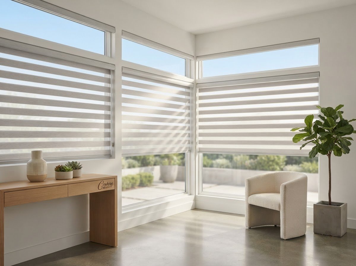 Dual-sheer zebra shades in a bright room